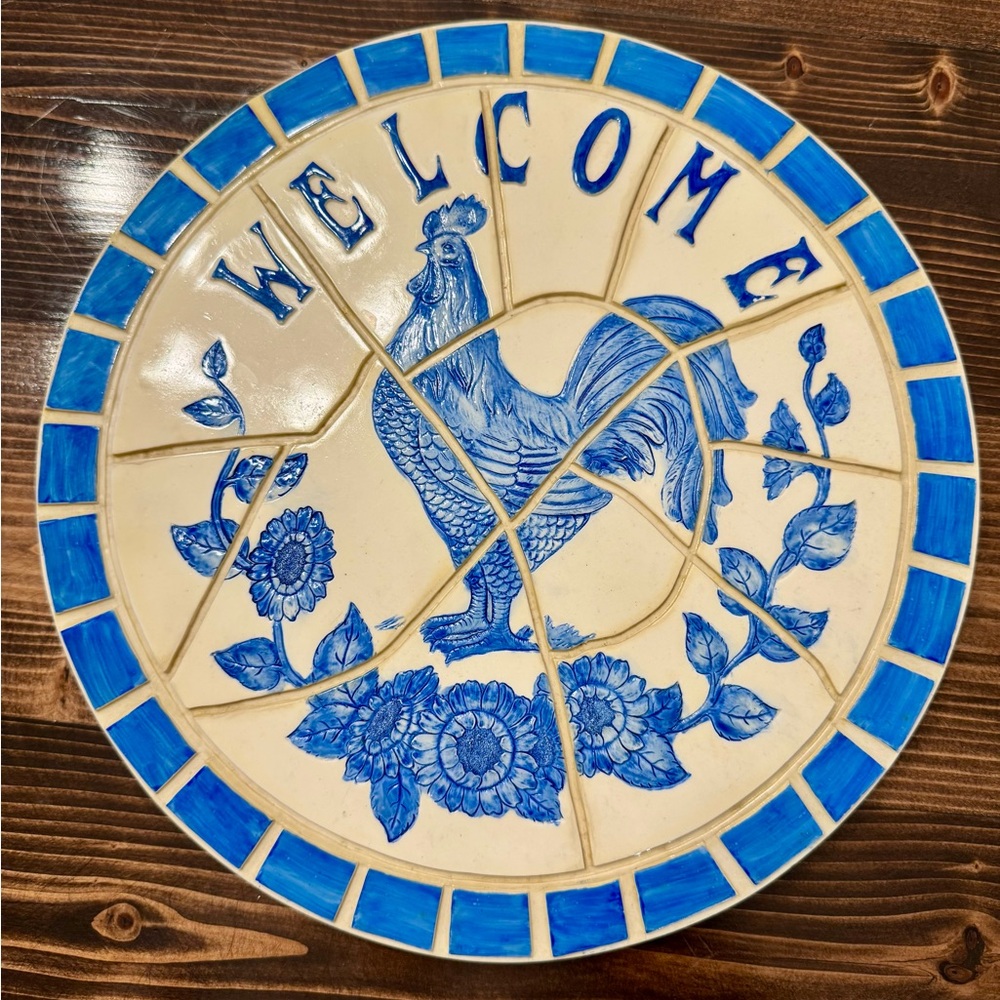 Blue and Cream‎ Rooster Mosaic Tile Welcome Plate